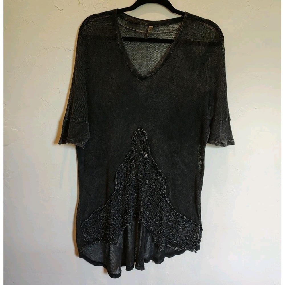 Distressed Oversized Cotton Gauze Black Knit Top Sz Large Embroidered Sheer